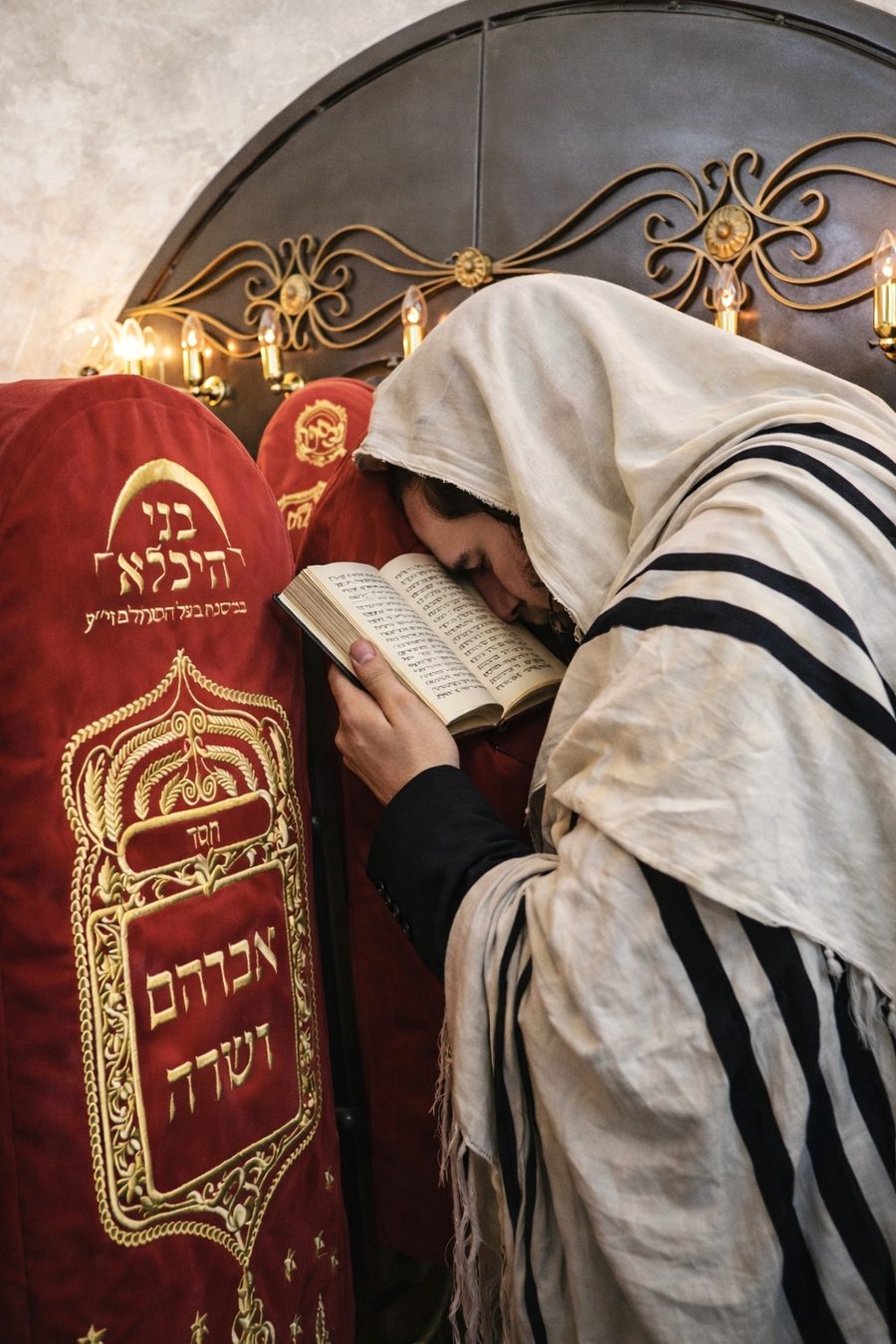 מתפלל בטלית ליד כיסוי הקבר של אברהם ושרה, בתוך מבנה המערה