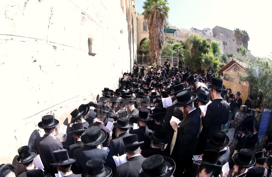 המון מתפללים על המדרגות לאורך החומה